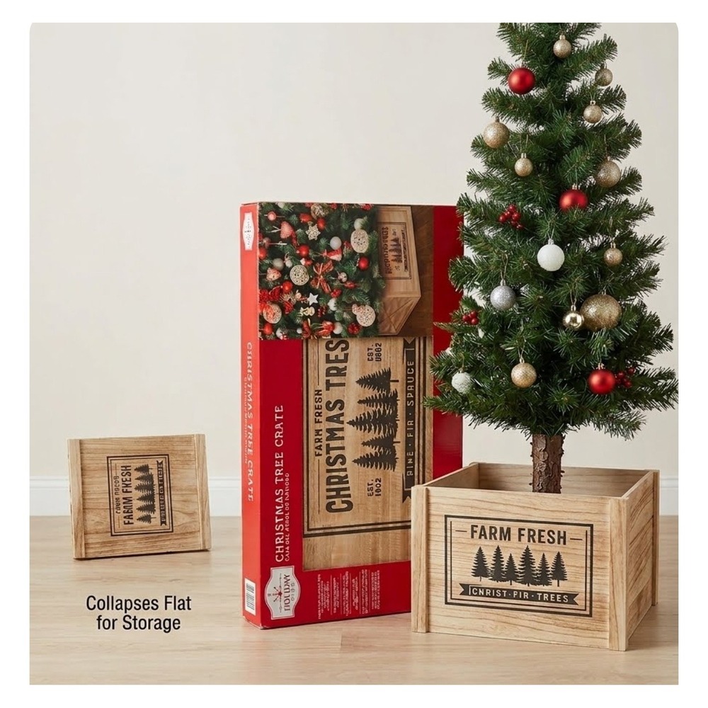 Holiday Time Farm Fresh Christmas Tree Crate Collapsible Wood Tree Collar Box